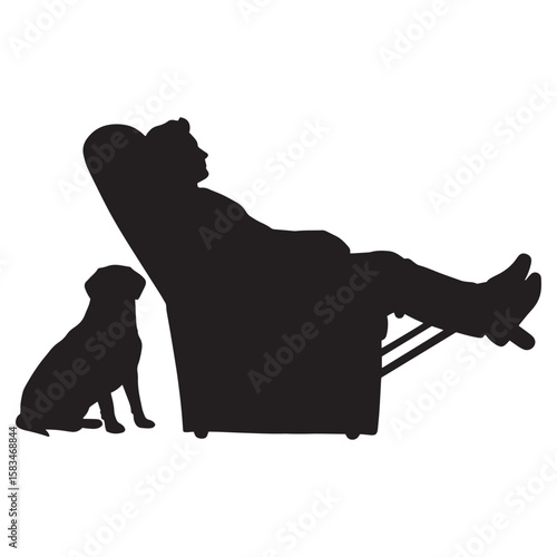 Silhouette of a person relaxing in a recliner with a dog companion on a white background