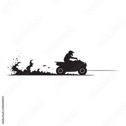 Silhouette of a quad bike racing across terrain with person driving
