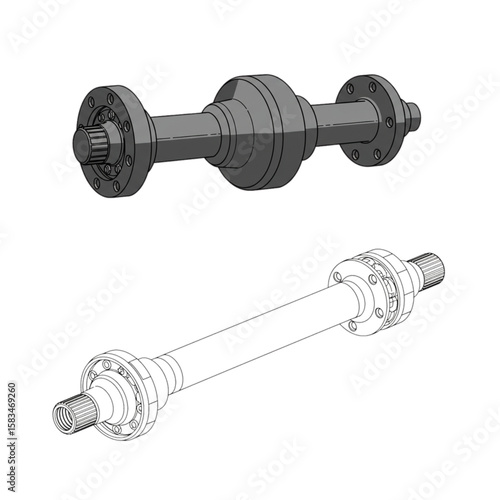 Detailed axle assembly graphic depicting a shaft and flanges, ideal for mechanical engineering schematics or automotive diagrams.