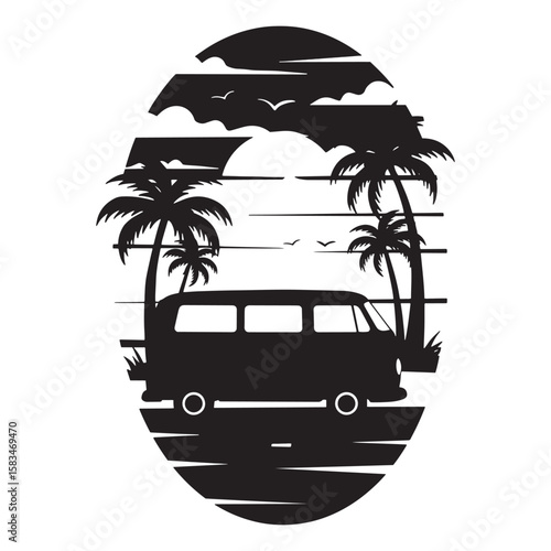 Silhouette of a van on a tropical beach with palm trees and birds in the sky