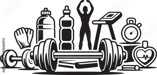 Fitness equipment and athletic silhouette workout exercise