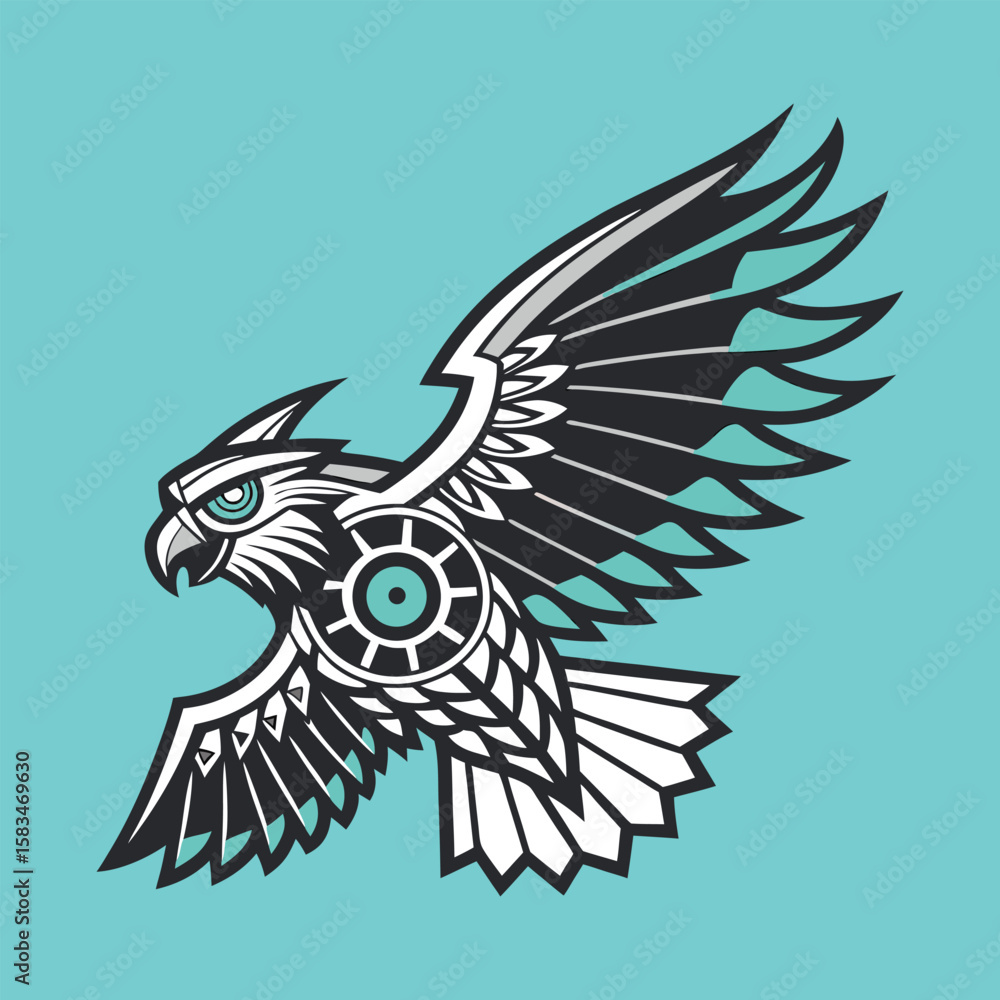 Obraz premium Mechanical owl logo design fusing nature and technology with geometric symmetry and neon blue glow