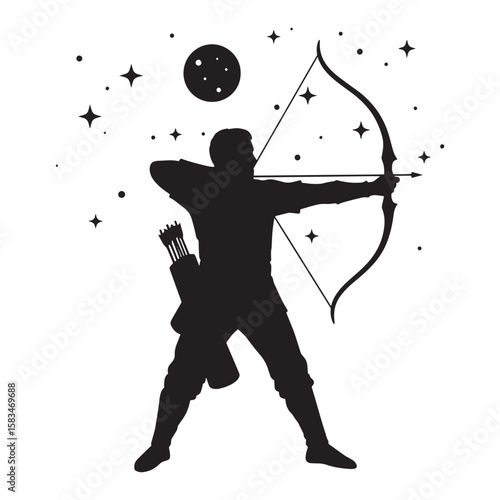 Silhouette of an archer aiming at stars symbolizing sagittarius zodiac and archery skills