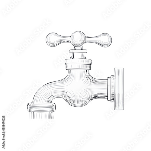 Vintage Water Tap Outline Drawing on Black Background Interior Decoration