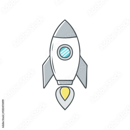 Cartoon rocket ship launching, gray and white spacecraft with flames on a black background.