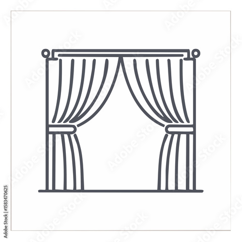 Elegant theater curtains outline illustration. Stage drapes with a minimal design. Decorative window covering in dark grey, isolated on white.