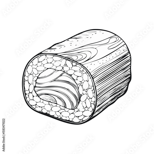 Monochrome sushi roll graphic style drawing of a tasty seafood dinner for print or web design