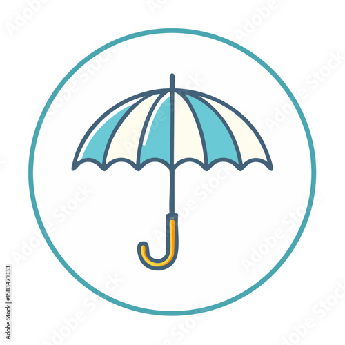 Whimsical umbrella icon sticker Teal and white parasol graphic element for weather rain protection and design embellishment