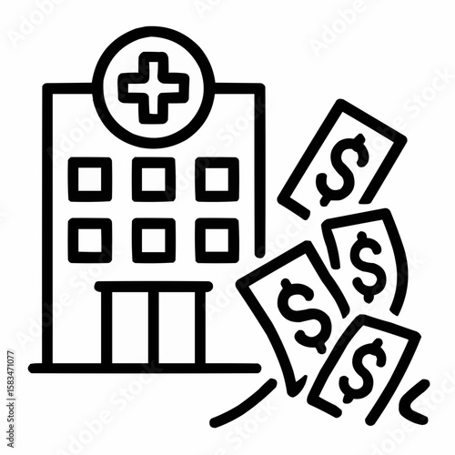 Hospital building with avalanche of bills. Financial disaster