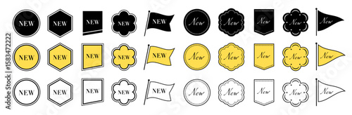 NEWの文字入りモノクロラベル・リボン・バッジ素材セット（シンプル フラット 汎用 アイコン ベクター）
