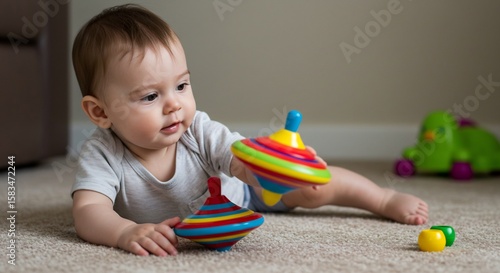 B�b� curieux explore jouets color�s lumi�re douce sol. AI Generated