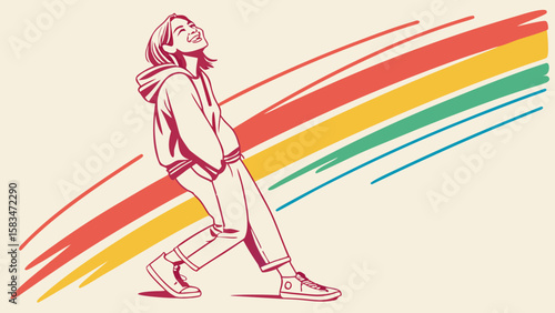 A young female with a joyful expression walks playfully along colorful stripes, representing happiness and freedom.
