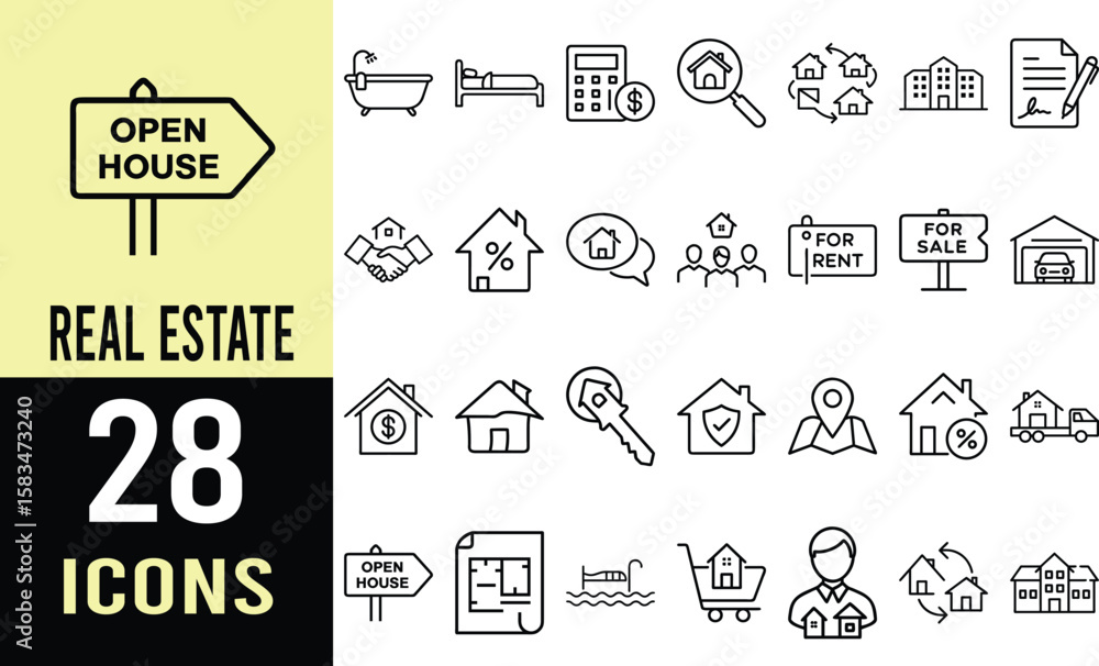 Naklejka premium Collection of Real Estate Icons: Home, Property, and Building Line Art Graphics