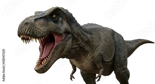 Fierce T-Rex roars brightly lit against stark white background. AI Generated