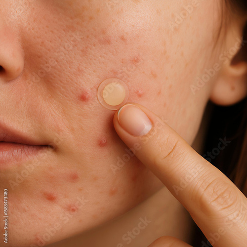 Finger Pointing at Hydrocolloid Pimple Patch on Acne-Prone Skin