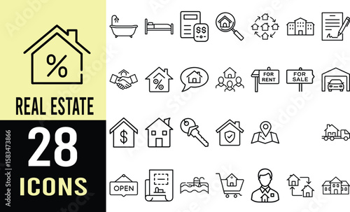 Real Estate Icons: Home, Property, House, Rental, Key, Sale, Purchase Vector Line Art