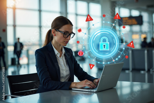 Corporate Cybersecurity Concept: Businesswoman Using Laptop with VPN Protection Shield in an Airport.