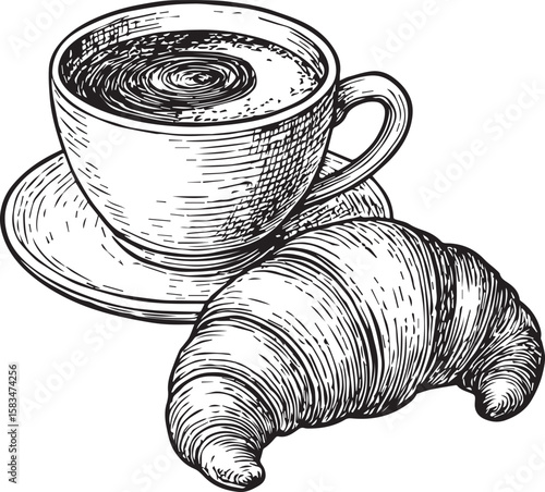 Realistic coffee and croissant line art vector 
