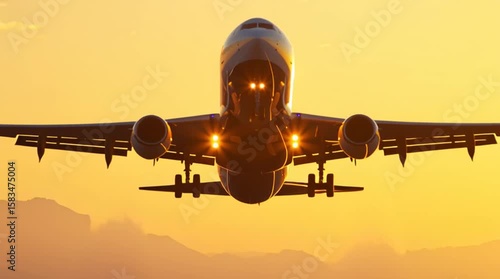 Airplane taking off from runway with golden hour lighting, vapor trail, ascending slowly

