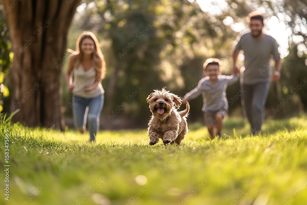 Obraz premium Happy family and dog running and playing in green park on sunny day full of joy and fun