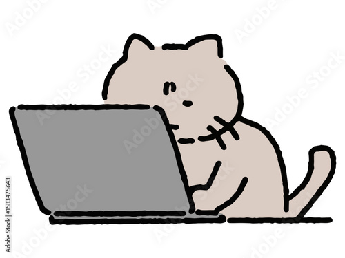 猫背でパソコンをいじる猫のゆるい手描き絵