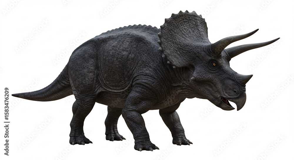 Fototapeta premium Triceratops noir puissant se tient fierement fond blanc lumiere intense. AI Generated
