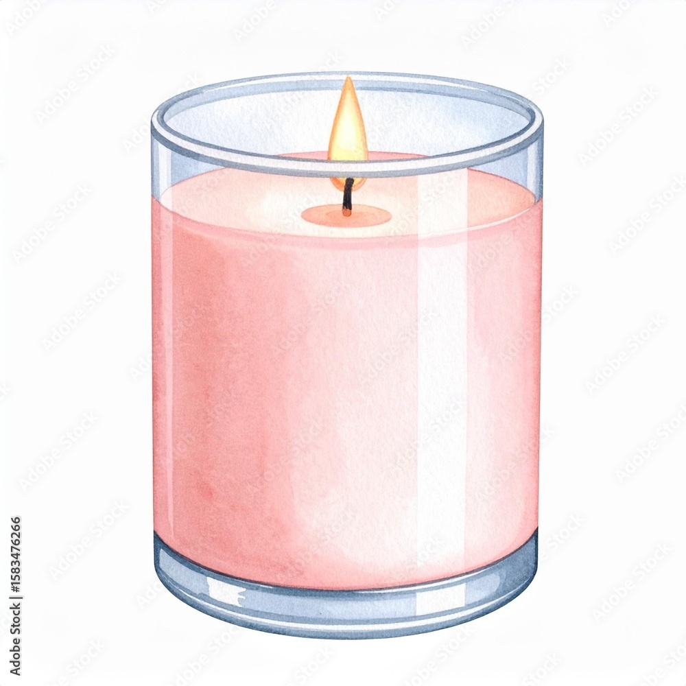 Pink Candle in Clear Glass Jar Watercolor Illustration Pink Candle in Clear Glass Jar Watercolor Illustration
