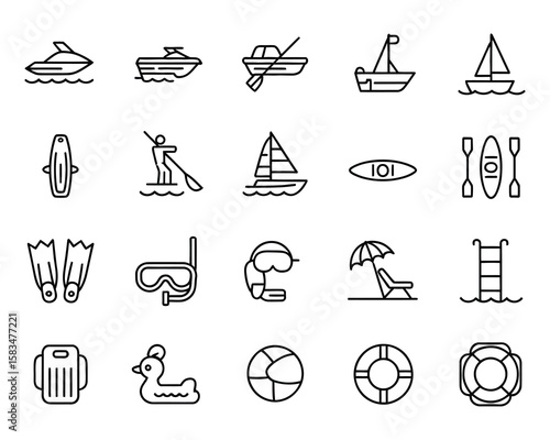 Water Activities Vector Icon Set - Swimming, Surfing, Kayaking, Fishing, Diving, Boating, Water Sports - Lake, Sea, Ocean, River, Pool - Adjustable Line Weight