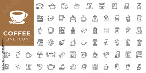 Coffee line icon set. Containing latte, coffee bean, cappuccino, espresso, coffee shop, sugar and caffeine