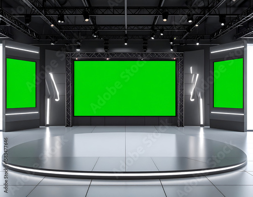 Futuristic broadcast studio featuring large green screens and sleek contemporary design.
