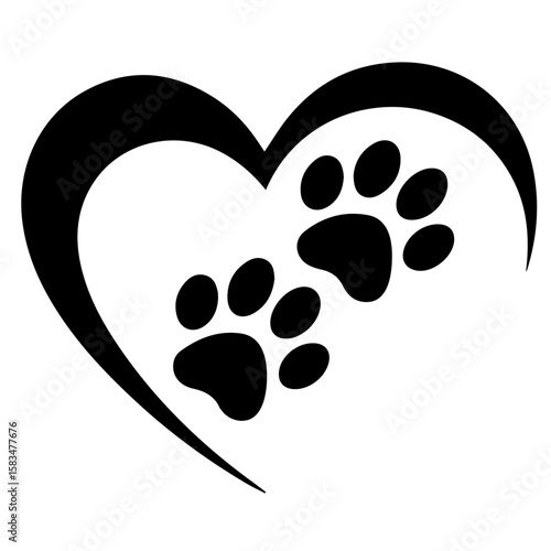 paw print in a heart shaped silhouette vector illustration.