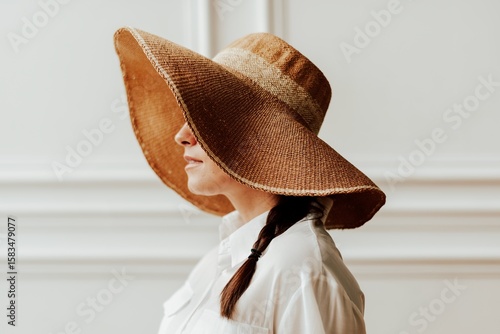 Canvas Print Woman in a vintage wide brim summer hat