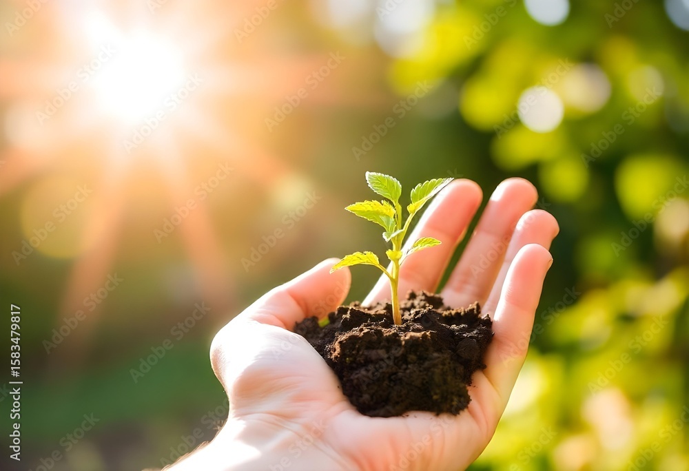 Fototapeta premium Human hand cradling young plant seedling in fertile soil | Golden sunlight shining on small sprout held outdoors | Concept of environmental conservation and sustainable growth | Close-up of gardening