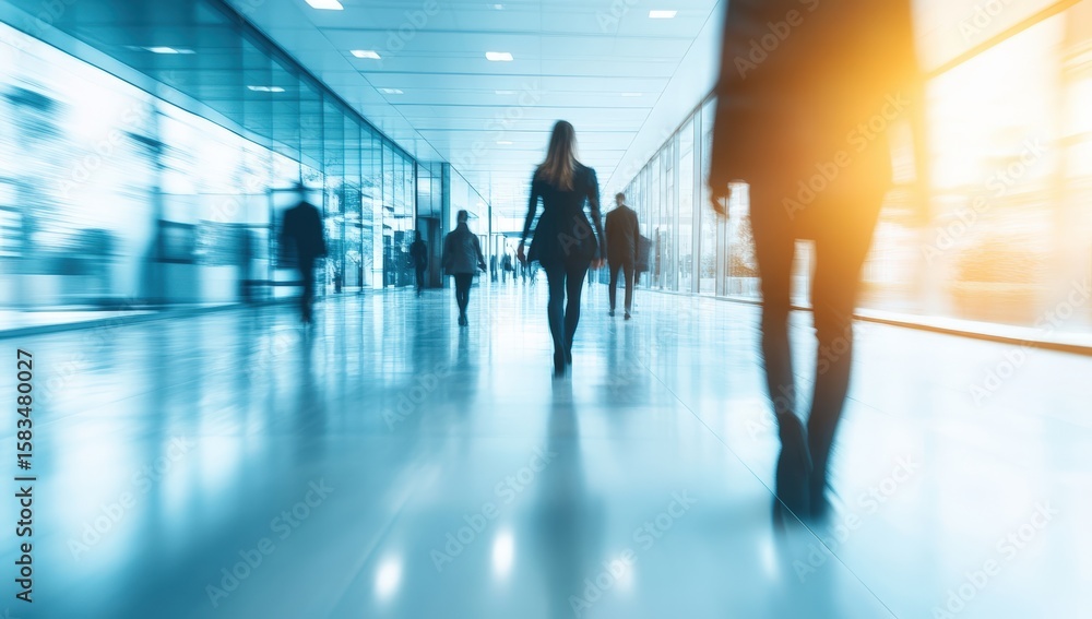 Fototapeta premium Blurred Motion in Modern Airport Terminal with Silhouetted Travelers Walking Towards Light