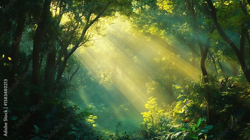 Sun rays shining through trees in lush green forest, creating a serene woodland landscape Sun rays shining through trees in lush green forest, creating a serene woodland landscape