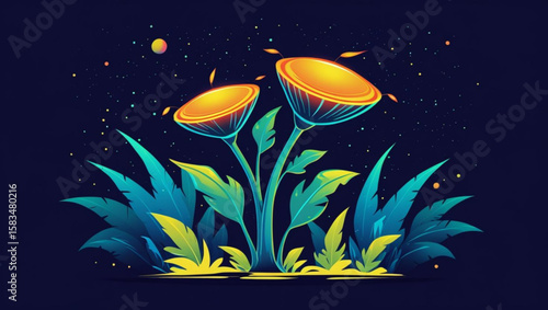 Bioluminescent alien plants on a mysterious dark planet
