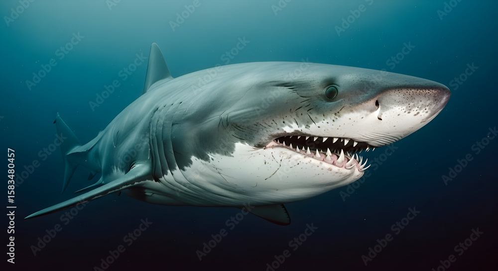 Fototapeta premium A majestic shark glides through the deep ocean, its powerful presence and sharp teeth visible