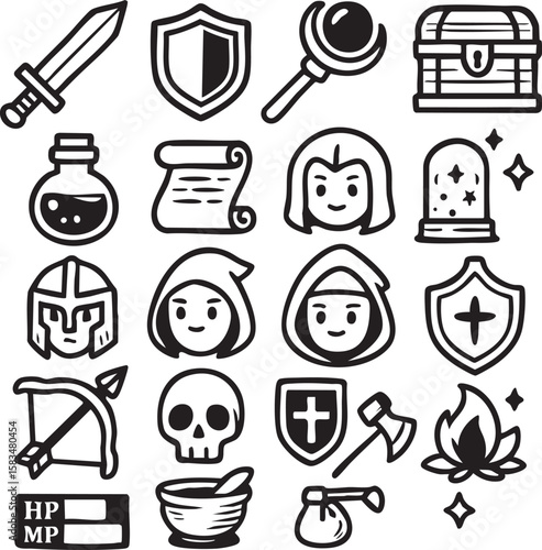 This charming collection of fantasy RPG game icons features various essential elements like weapons, magic items, characters, and UI components, perfect for digital projects.