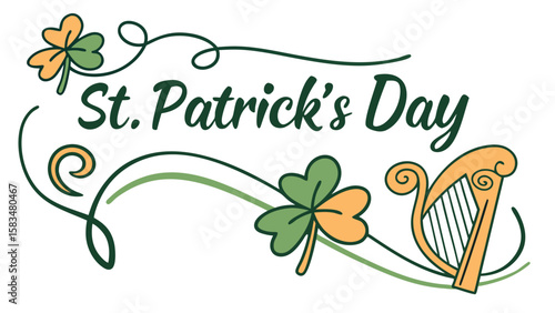 Festive St. Patrick's Day design featuring shamrocks and a harp in vibrant green and gold.