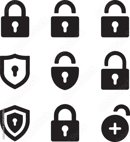 Flat Design Security Collection of Minimalist Black and White Padlock and Shield Vector Icons Representing Protection and Access Control