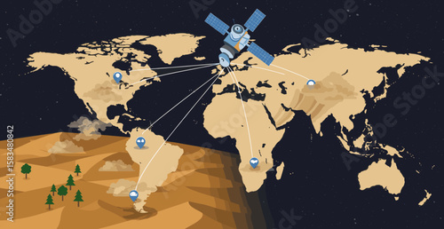A night-view illustration of a world map monitored by a satellite, indicating environmental data tracking and global observation for climate or weather purposes.