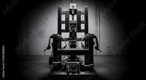 A somber black and white portrayal of a historical electric chair in a stark, desolate room.