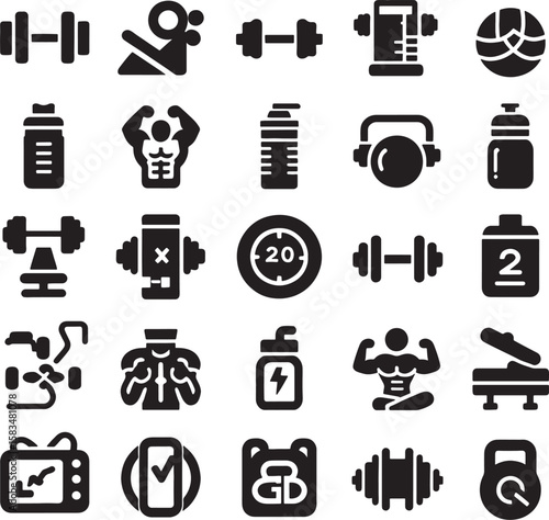 Black and white business vector icon set for web, computer, and communication illustrations, including finance, banking, and media symbols
