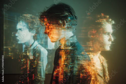 Exploring the boundaries of identity in a virtual landscape where the self dissolves into pixels and glitch effects