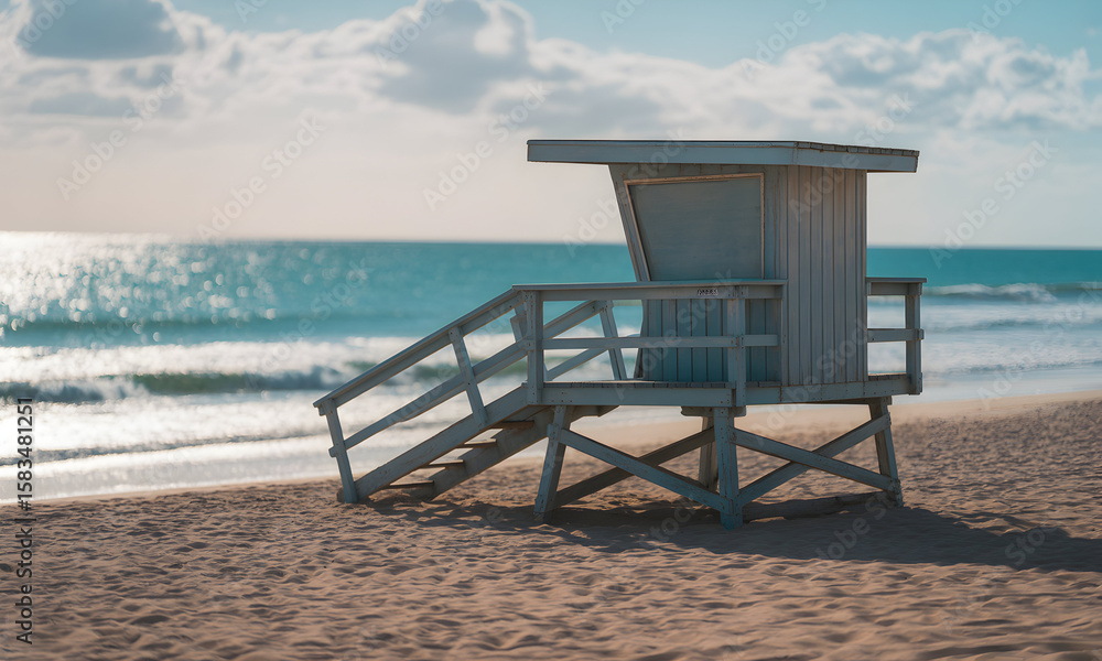 A weathered wooden lifeguard stand casts a long shadow across the warm sand beside the tranquil ocean. A weathered wooden lifeguard stand casts a long shadow across the warm sand beside the tranquil ocean.