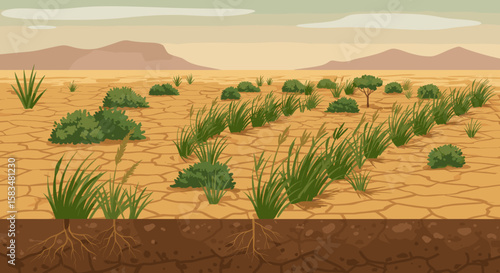 A small patch of green land surrounded by barren, cracked soil, highlighting the efforts of restoration and land management in desert regions, with a focus on sustainable practices.