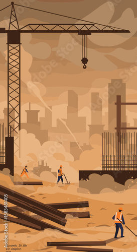 Construction workers are building in a city under harsh environmental conditions with a cloud of dust in the air, showing the intersection of urban development and environmental impact.