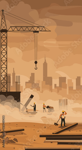 Construction workers are building in a city under harsh environmental conditions with a cloud of dust in the air, showing the intersection of urban development and environmental impact.