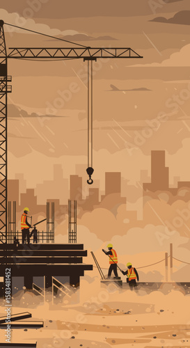 Construction workers are building in a city under harsh environmental conditions with a cloud of dust in the air, showing the intersection of urban development and environmental impact.
