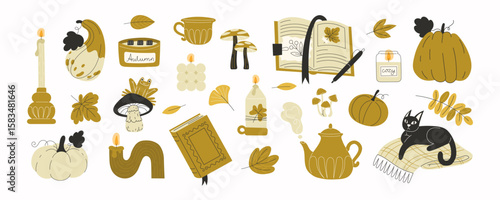 Big Collection of Autumn Decorative Elements in Flat Style with Candles, Blankets, Leaves, Mushrooms, Pumpkins, Books and Cat
